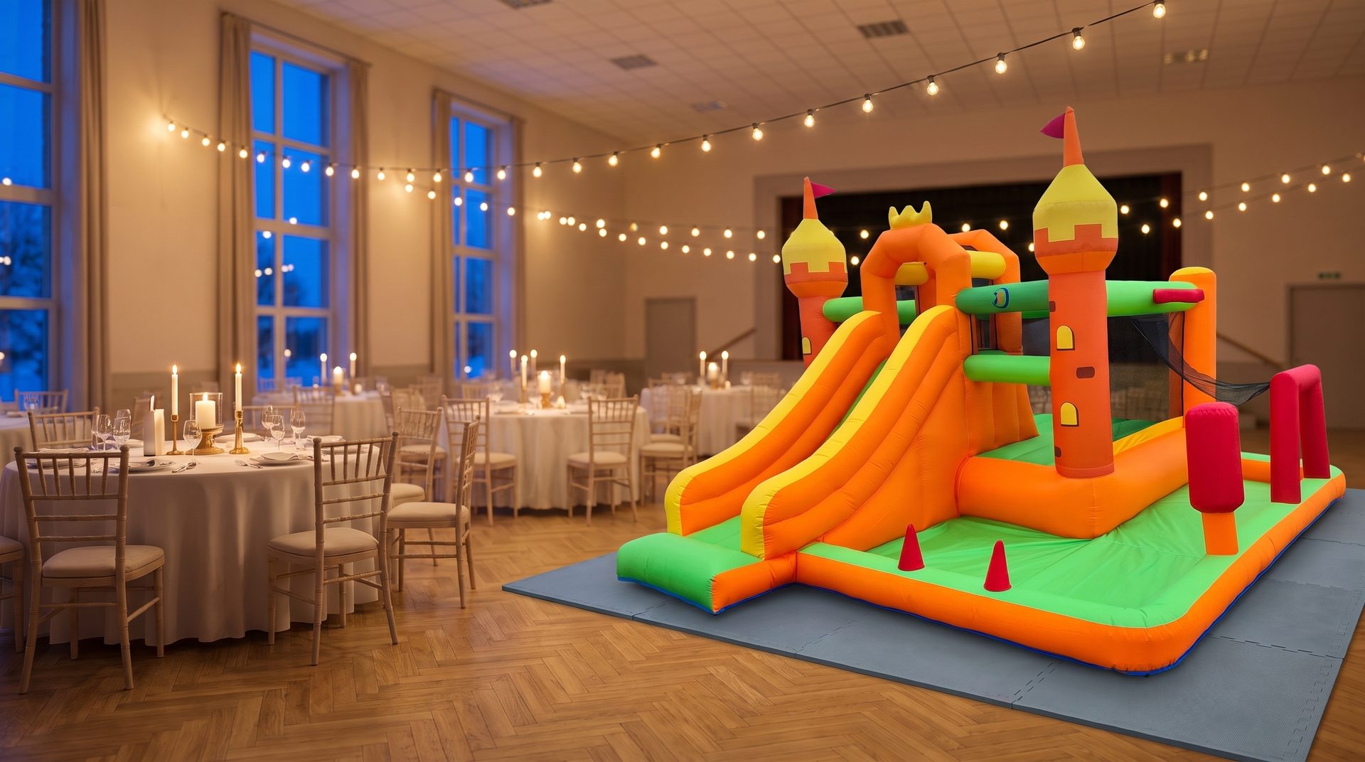 Le Château Royal installé dans le coin enfants d'une salle des fêtes décorée pour une soirée, sur des tapis de mousse (visuel d'illustration)